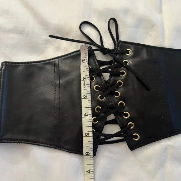 Black faux leather wide elastic waistband lace up corset belt - Picture 6 of 7